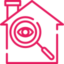 ikon för statusbesiktning med ett hus samt ett förstoringsglas i mitten